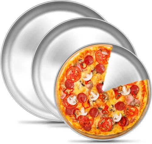 TeamFar Sartén para pizza, 9 pulgadas, 10 pulgadas, juego de sartenes de acero inoxidable de 12 pulgadas, 3 tamaños, bandeja redonda para hornear