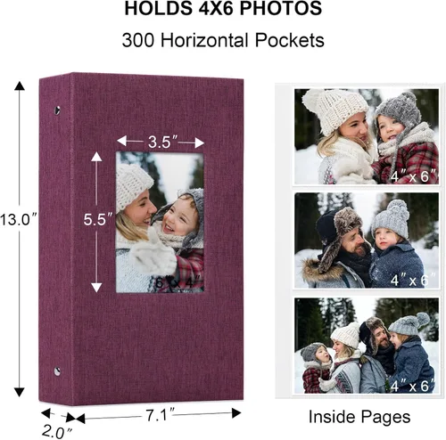 Miniatura 6 de Vienrose - Álbum de fotos de lino con 300 bolsillos de 4 x 6 pulgadas, cubierta de tela, para bodas, familias, aniversarios y bebés Morado