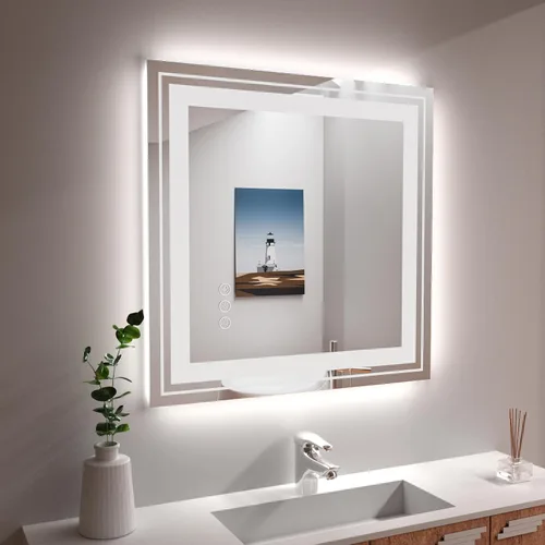 Miniatura 63 de Snowdool Espejo LED de baño, 32 x 32 pulgadas con luz frontal y retroiluminada, antivaho, espejo de tocador de baño para pared, función de memoria