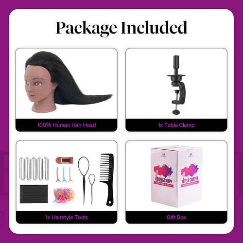 Miniatura 7 de 100% cabello humano de maniquí, cabeza de maniquí de cabello real de 18 pulgadas, cabeza de muñeca de maniquí de cosmetología para peinar