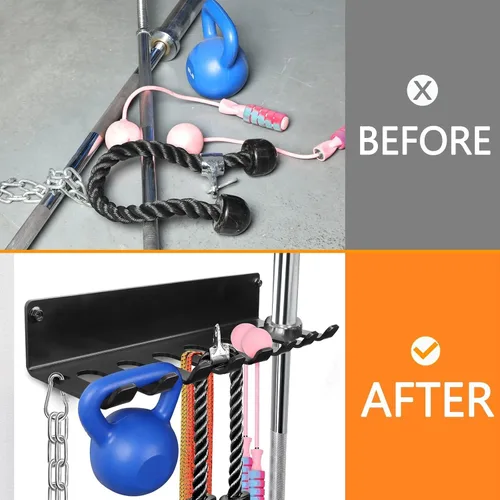 Miniatura 8 de Organizador de gimnasio, colgador de accesorios de gimnasio en casa, ganchos de montaje en pared para mancuernas olímpicas, asas de fila