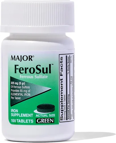 Major Ferosul - Tabletas de sulfato ferroso de 325 mg con 65 mg de hierro elemental, suplemento de hierro para mujeres, hombres, verde, 100 unidades
