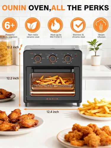 Miniatura 2 de OUNIN Horno tostador y freidora de aire con infusión de vapor, 12L compacto, apto para encimera, precalentamiento rápido con opciones de hornear