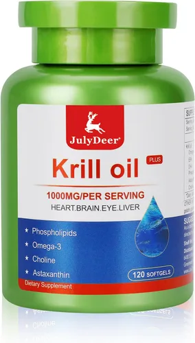JulyDeer Aceite de krill 1000 mg con omega-3 EPA, DHA, astaxantina y fosfolípidos 120 cápsulas blandas, krill antártico sin regusto a pescado para