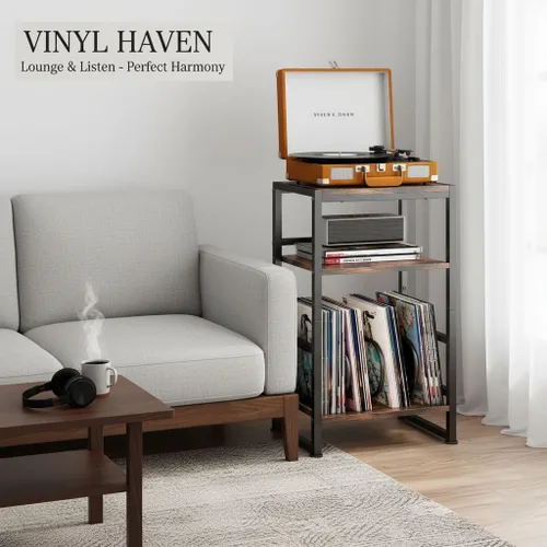 Miniatura 10 de Soporte para tocadiscos de vinilo de 3 niveles, mesa auxiliar para almacenamiento de álbumes, soporte para tocadiscos de 28 pulgadas de alto