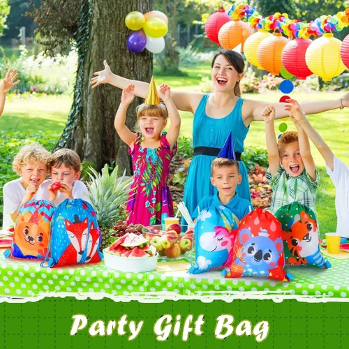 Miniatura 5 de Shappy Paquete de 12 bolsas de recuerdos de fiesta de animales de dibujos animados, bolsa de regalo de animales de safari, mochila con cordón