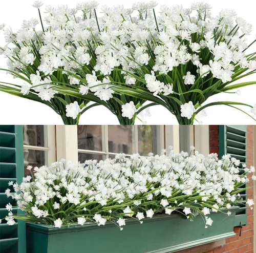 Miniatura 11 de 4 paquetes de flores artificiales, vegetación artificial falsa, resistente a los rayos UV, no se decolora, plantas de plástico sintético para ramo