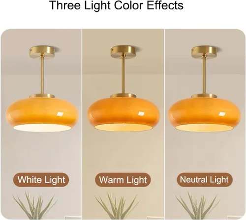 Miniatura 7 de Lámpara de techo semiempotrada de cristal, moderna cerca del techo, pantalla de cristal de cúpula naranja de 11 pulgadas, lámpara de techo dorada