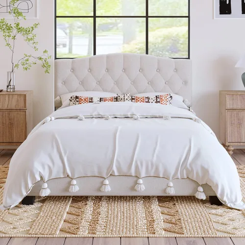 DSHADE Base de cama Queen con plataforma tapizada de lino moderno, base de cama de madera maciza beige con cabecero, detalles capitoné de diamante,