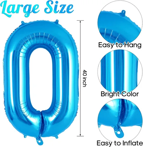 Miniatura 3 de Globo de número 0 azul de 40 pulgadas, globos grandes de papel de aluminio de helio, globos gigantes de Mylar número 0 para suministros