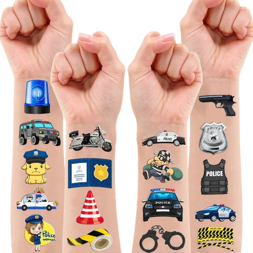 Miniatura 2 de 96 tatuajes temporales de oficial de policía para niños, 8 hojas de calcomanías lindas con temática de policía, recuerdos de fiesta de cumpleaños