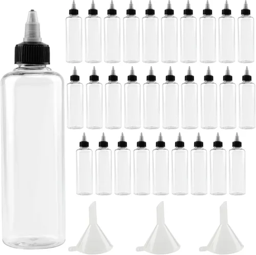 Miniatura 7 de 64 botellas de plástico de 4 onzas, botellas dispensadoras redondas con tapa superior giratoria para manualidades, cocina, hogar, transparente