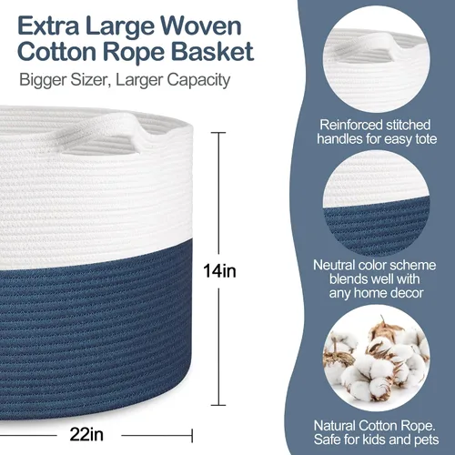 Miniatura 2 de MEGASKET Cesta de cuerda extra grande, cesta de almacenamiento de mimbre tejida XXXL, organizador y almacenamiento de juguetes para habitación