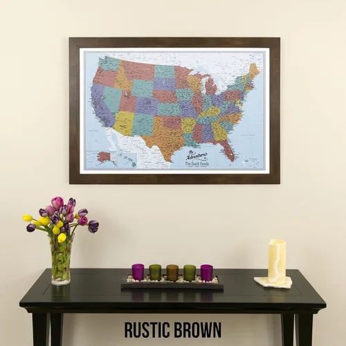 Miniatura 56 de Push Pin Travel Maps Lienzo personalizado Blue Oceans USA con marco gris de madera de granero