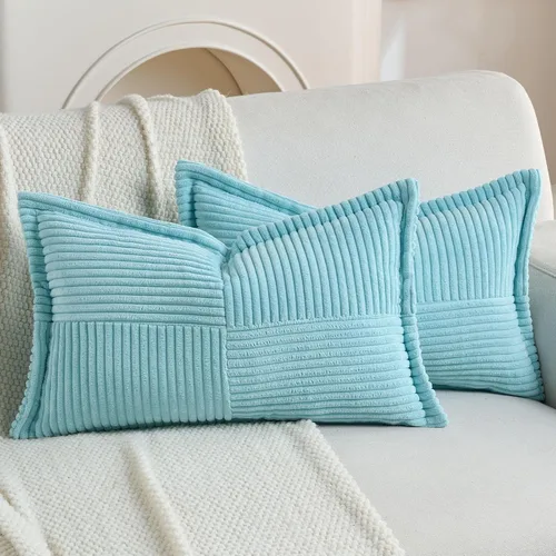 Miniatura 29 de HAUSSY Paquete de 2 fundas de almohada de 22 x 22 pulgadas, fundas decorativas de pana suave, estilo bohemio a rayas sólidas, fundas de cojín