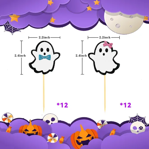 Miniatura 2 de 24 piezas de adornos de Halloween para cupcakes fantasmas, palillos de revelación de género para niños y niñas, adornos para tartas rosas y azules