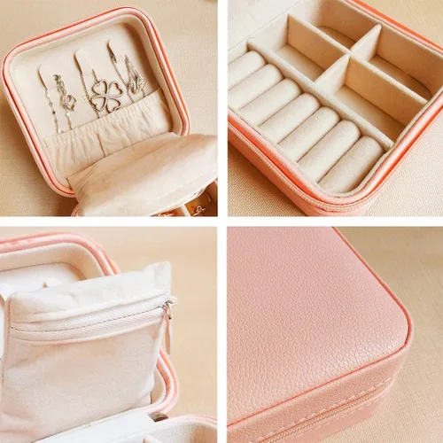 Miniatura 5 de HerFav Organizador de joyas de viaje, pequeño joyero, mini joyero portátil para anillos, aretes y collares para mujeres y niñas (rosa)