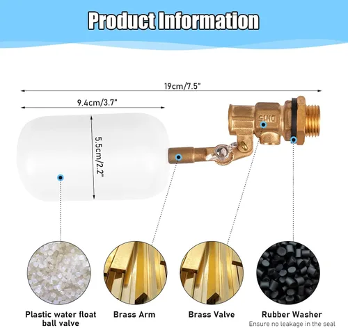Miniatura 3 de Válvula de flotador de 1/2 pulgada de latón con brazo ajustable Válvula de control de nivel de agua de 60 PSI llenado y apagado automático