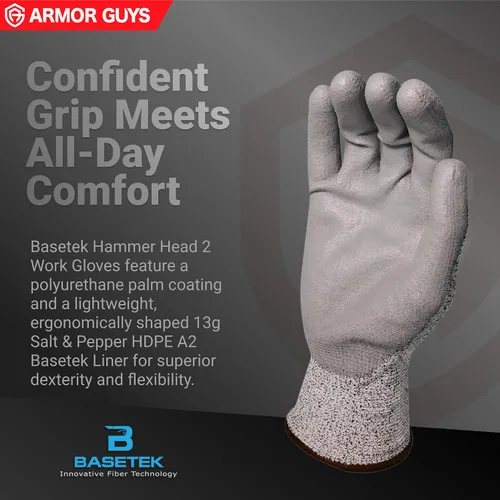 Miniatura 5 de Armor Guys Hammer Head 3 Basetek - Guantes de trabajo protectores – Agarre de poliuretano gris para mujeres y hombres con forro HDPE A3 Basetek – L