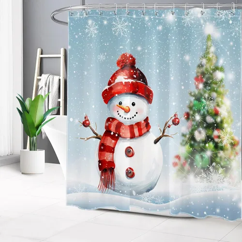 Miniatura 13 de EOBTAIN Cortina de ducha de muñeco de nieve azul de invierno para baño, árbol de Navidad y copo de nieve en la escena de la nieve, cortina de ducha