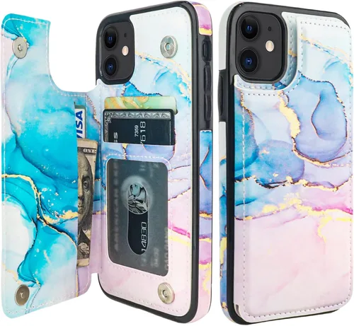 HAOPINSH Funda tipo cartera para iPhone 11 con portarjetas, patrón de mármol rosa azul con tapa trasera plegable, funda de cuero PU con soporte y