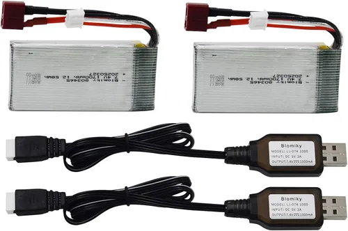 Miniatura 5 de Blomiky Paquete de 2 baterías Lipo de 7.4V 1600mAh 12.58Wh 30C con enchufe T y cables USB para camiones RC a escala 1:10 200E 9200 9200E 9205E 9206E