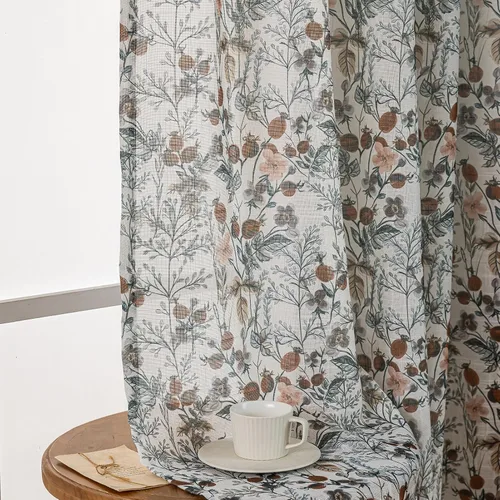 SUOUO - Cortinas semitraslúcidas con textura de lino, diseño floral vintage, hojas negras estampadas, para sala de estar, 84 pulgadas de largo,