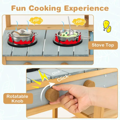 Miniatura 4 de Costzon Cocina de madera para niños, cocina de barro al aire libre con fregadero extraíble, caja de agua y grifo, parte superior de la estufa, Azul