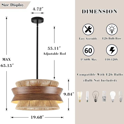 Miniatura 4 de Lámpara de araña de ratán tejida a mano de 19.7 pulgadas para comedor, lámpara bohemia de granja de 4 luces con textura de madera, lámpara colgante