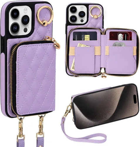 Miniatura 23 de Funda tipo cartera para iPhone 15 de 6.1 pulgadas, bolso cruzado con cremallera y correa para la muñeca con cordón para mujer, tarjetero con bloqueo