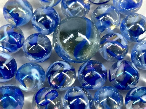 ~25 canicas de cristal Caballito de mar naranja/remolino azul estilo clásico paquete de juego (24 jugadores, 1 tirador) decoración/relleno de