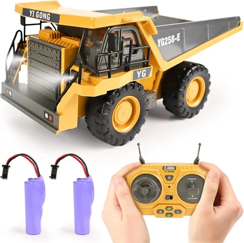 Miniatura 9 de Excavadora de control remoto para niños, excavadora RC con 2 baterías recargables, luces de pala de metal y sonidos de 2.4 GHz, mejor juguete