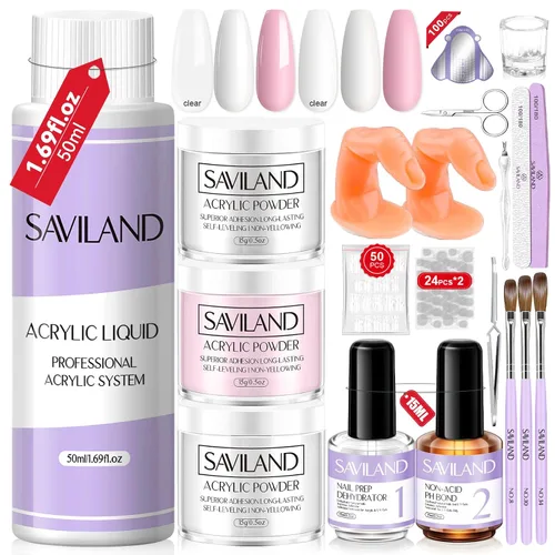 Miniatura 13 de Saviland Kit de iniciación de uñas acrílicas: polvo y líquido acrílico rosa claro nude, cepillo, limas, formularios, uñas a presión, juego