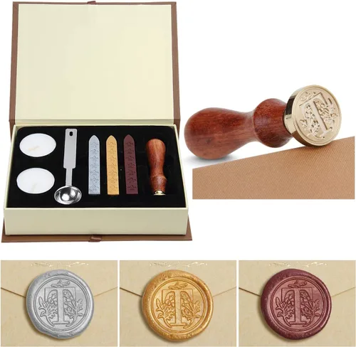 Miniatura 11 de Juego de sellos de cera, Juego clásico de sellos de cera antiguo estilo antiguo con letras iniciales del alfabeto, Caja de regalo con asa de madera