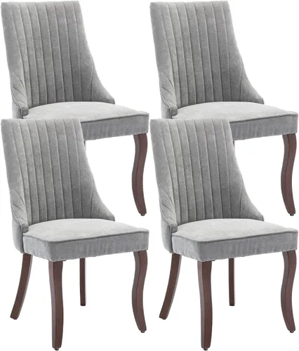 Miniatura 26 de Juego de 8 sillas de comedor, sillas de cocina con canales de lino con patas curvadas de madera maciza, silla de comedor tapizada de tela cómoda