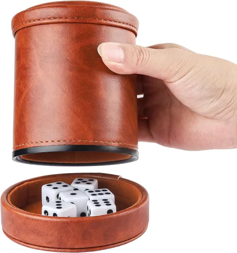 Miniatura 3 de Taza de dados de piel sintética marrón con tapa, taza de terciopelo interior silenciosa con 6 dados para juegos de dados mentirosos, Farkle/Yahtzee