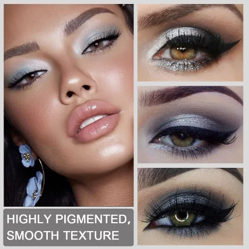 Miniatura 4 de evpct Paleta de sombra de ojos con 9 colores, gris plateado con purpurina, sombra de ojos brillante y ahumada en negro, gris plateado y blanco D-9