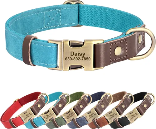 Miniatura 17 de Collares personalizados de piel sintética suave con nombre de mascota y número de teléfono para perros medianos, collares ajustables y duraderos