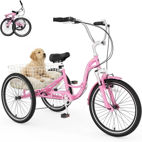 Miniatura 8 de MOPHOTO Triciclo plegable para adultos, 7 velocidades, 20/24/26 pulgadas, bicicleta de 3 ruedas para personas mayores, mujeres y hombres, bicicleta