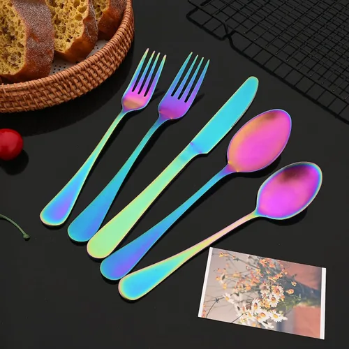 Miniatura 4 de JASHII Juego de cubiertos de 20 piezas con acabado satinado, servicio para 4, juego de cubiertos de titanio, juego de utensilios de arcoíris mate