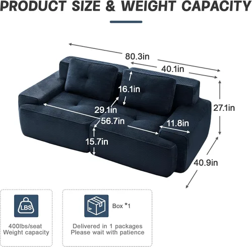 Miniatura 2 de Sofás seccionales modulares sin estructura de pana azul moderna de 80 pulgadas para sala de estar, sofá comprimido de asiento profundo de 2 plazas
