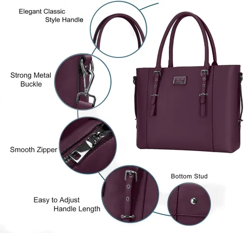 Miniatura 4 de MOSISO Bolso de mano de piel sintética para laptop para mujer (15-16 pulgadas), impermeable de gran capacidad, maletín de trabajo de negocios, bolsa