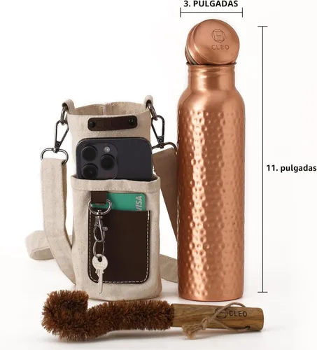 Miniatura 6 de Botella de agua de cobre puro 100% CLEO HOME para beber, botella de cobre ayurvédica martillada de 32 onzas para agua potable A prueba de fugas