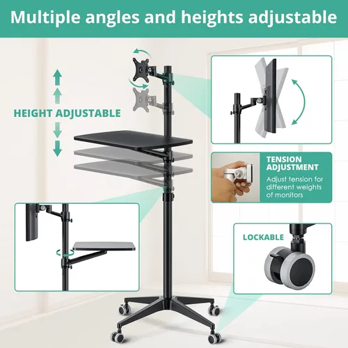 Miniatura 3 de Viozon Escritorio móvil, estación de trabajo móvil, soporte de suelo para portátil multiuso, altura ajustable de 34 a 48.6 pulgadas, compatible