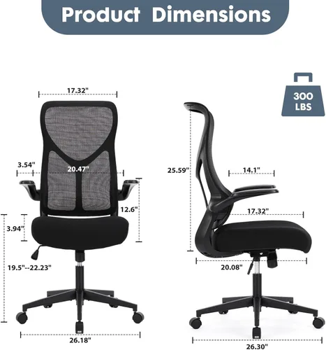 Miniatura 2 de DUMOS Silla de escritorio de oficina en casa, silla ergonómica de malla de respaldo alto con cómodos reposabrazos abatibles, silla giratoria