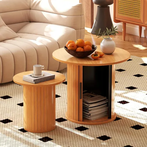 Miniatura 10 de COSVALVE Mesa de Café Redonda de Madera 60CM con Almacenamiento Oculto y Puerta Deslizante, Conjunto de Mesas Auxiliares Circulares de Estilo Granja