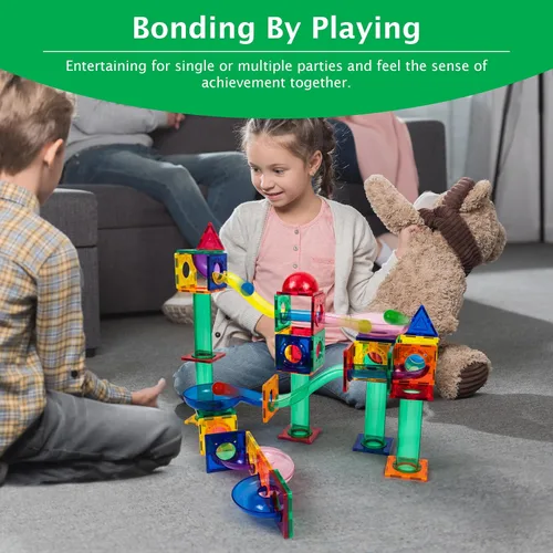 Miniatura 6 de PicassoTiles Paquete de 70 piezas de pista de carreras de canicas + 60 azulejos magnéticos, divertido y creativo, juguete sensorial educativo