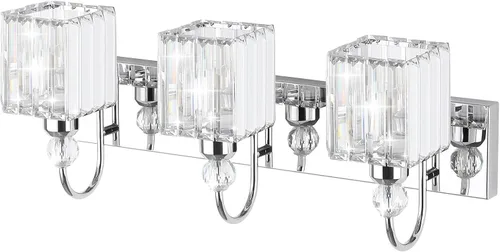 Miniatura 2 de Ralbay Lámpara de tocador de baño de cristal cromado, 3 luces, lámparas de pared modernas de 24 pulgadas Cuadrado-Cromo