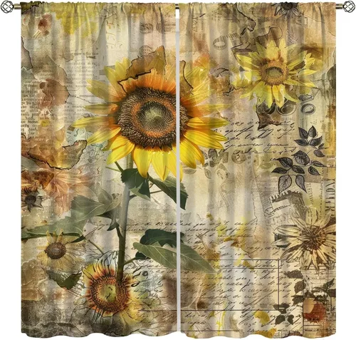 Miniatura 23 de Sunflower Curtains for Living Room Bedroom, Spring Nature Blue Sky and Butterfly Window Drapes, Rustic Wooden Fence Floral Botanical Decor, 2 Panels