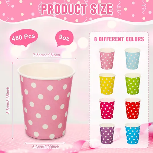 Miniatura 2 de Potchen Paquete de 480 vasos desechables de papel de 9 onzas para enjuague bucal para bebidas frías con lunares para enfriadores de agua, fiestas